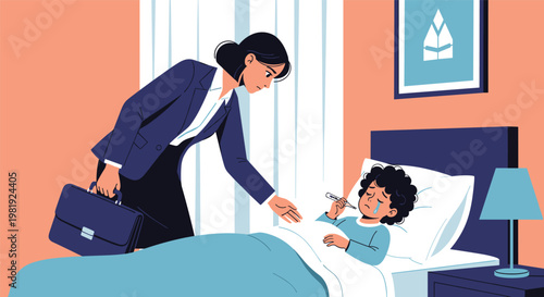 Concerned businesswoman in suit looking at her sick crying child in bed while holding a briefcase for work.