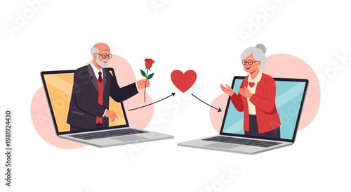 Senior man and woman appearing from laptop screens to share a romantic moment with a red rose and heart symbol.