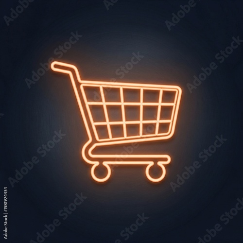 Neon shopping cart icon on dark background  
