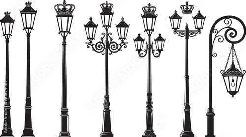 Set of classic street lamp silhouettes with crowns and decorative ironwork for urban outdoor lighting design and illustration