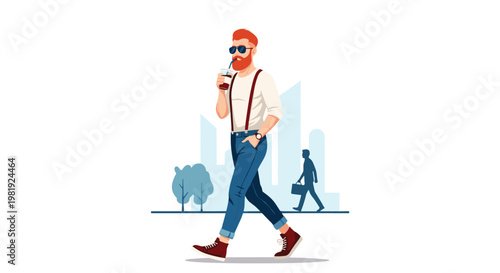 Trendy hipster man with red beard and sunglasses walking down a city street while drinking from a cup with a straw.