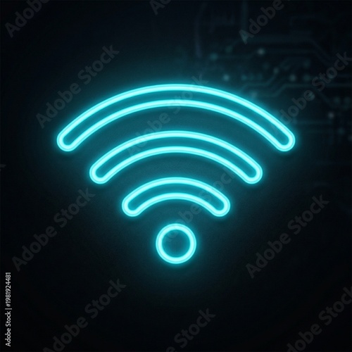 Neon Wi-Fi symbol glowing against dark background  