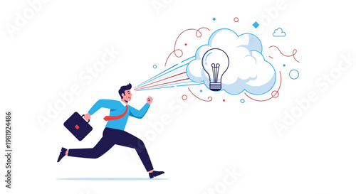 Energetic businessman in a suit running towards a bright lightbulb idea inside a white cloud symbol of inspiration.