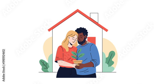 Happy young interracial couple holds a small green plant together in front of a simple house outline representing new beginnings and home ownership.