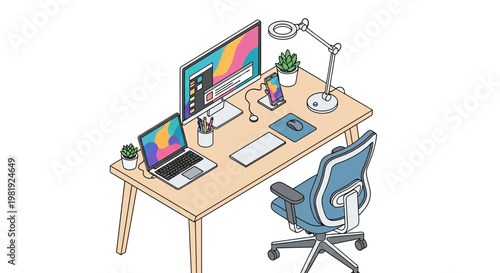 Isometric vector illustration of a modern workspace setup featuring a computer, laptop, and office chair on a light wood desk against a white background, rendered in a clean line art design