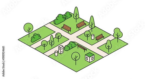 Isometric vector illustration of a park area design with walking paths and benches, rendered in a simple line art style, set against a clean white background conveying a peaceful and green