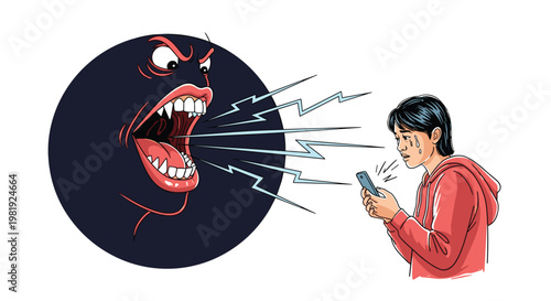 Crying young woman looks at her smartphone while a giant monstrous face screams at her, illustrating the psychological impact of cyberbullying online.