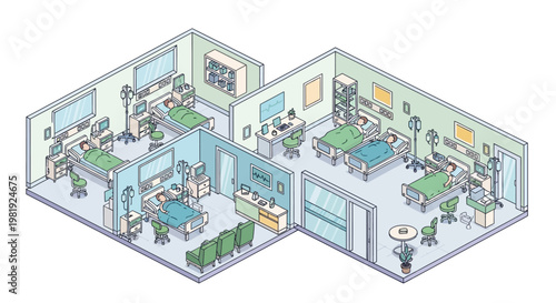 Isometric line art illustration depicting a hospital ward with beds and medical equipment, created with a clean vector design and a cool color palette, set against a minimalist white