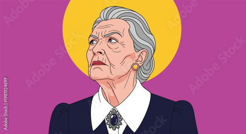 Portrait of a dignified elderly woman with grey hair looking upward with hope against a vibrant purple background and a bright yellow circular halo.