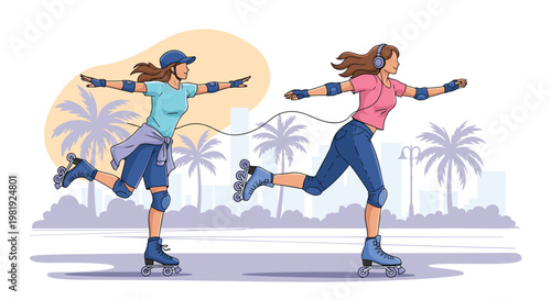 Two young women enjoy rollerblading together in a coastal city park with palm trees and a hazy skyline under a warm sun in the background.