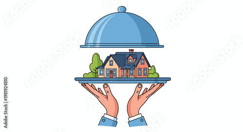 Pair of hands in blue suit sleeves holds a silver serving tray with a modern suburban house on it under an open blue cloche lid.