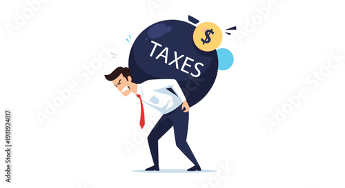 Stressed businessman in a suit carries a heavy black ball labeled taxes on his back, representing the burden of financial and tax responsibilities.