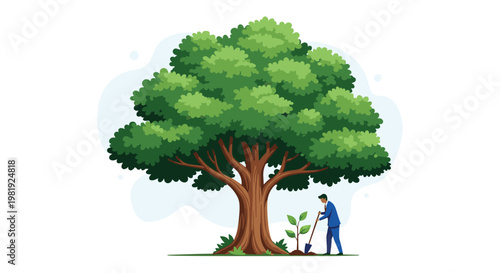 Man in a professional suit plants a small sapling in the shadow of a large mature oak tree, symbolizing investment in the future and growth.