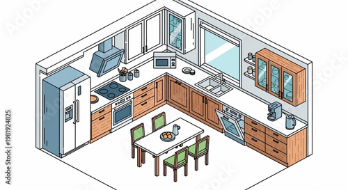 Isometric line art illustration of a modern kitchen, featuring a dining table and complete appliances against a clean white background, designed with a minimalist aesthetic