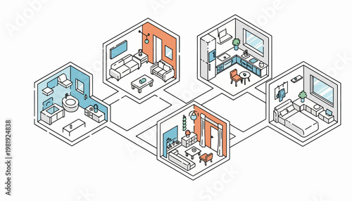Isometric building design drawing, a vector line art illustration featuring a world of interconnected apartment rooms including a bathroom, living room, kitchen and bedroom, set