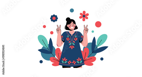 Happy woman in a dark blue floral dress makes peace signs with both hands while surrounded by colorful decorative plants and artistic flowers.