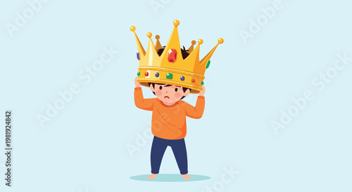 Sad young boy in an orange sweater looks down while wearing a large golden crown with jewels that is much too big for his head.