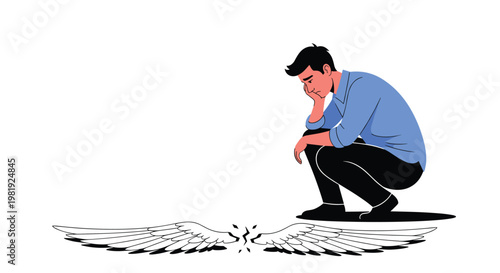 Sorrowful man in a blue shirt crouches down and looks sadly at a pair of broken white angel wings lying on the ground in front of him.