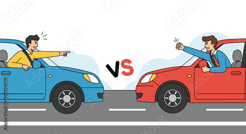 Two angry men shout and gesture aggressively at each other from their car windows during a heated road rage incident on a busy city highway.