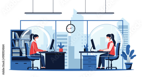 Office employees working at their desks inside protective transparent plastic bubbles with masks on for social distancing in modern workplace.