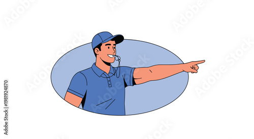 Professional coach or referee wearing blue uniform blowing a whistle and pointing forward in dynamic circular vector design for sports training.