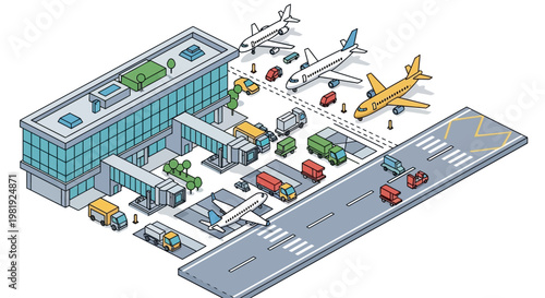 Isometric vector illustration showcases a detailed airport scene with airplanes, vehicles, and terminal buildings, rendered in a clean line art style against a bright white background