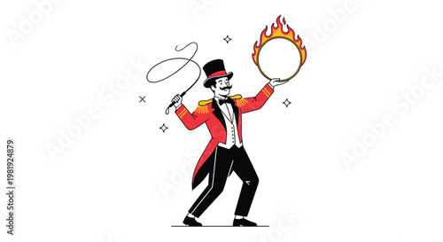 Charismatic circus ringmaster wearing a red coat and top hat holds a whip and a flaming hoop, ready to start a spectacular show.