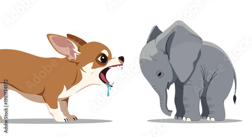 Small angry chihuahua barking at a sad young elephant in conceptual illustration about courage, intimidation, and size difference in relationships.