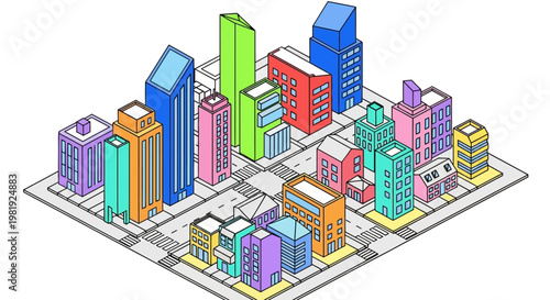 Isometric line art illustration showing a colorful city skyline with various building designs and streets, rendered in a vector style and set against a clean white background