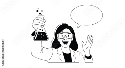 Female scientist in protective goggles excitedly holding a chemical flask with bubbles and empty speech bubble in black and white outline vector.