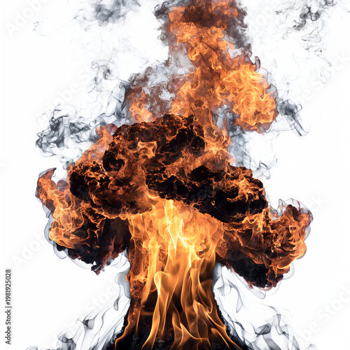 Powerful explosion with bright orange flames and heavy black smoke forming a large mushroom cloud