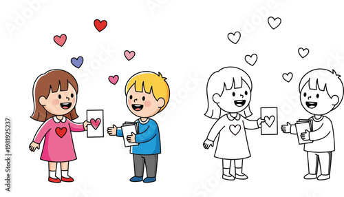 Cute boy and girl exchanging Valentine's Day greeting cards with floating hearts, color and black and white outline coloring book page vector illustration.