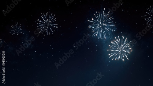 White Fireworks in Night Sky Minimal Dark Blue Background Celebration Copy Space