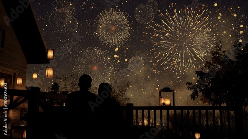 Couple Watching Golden Fireworks from Cozy Balcony Night Celebration Scene