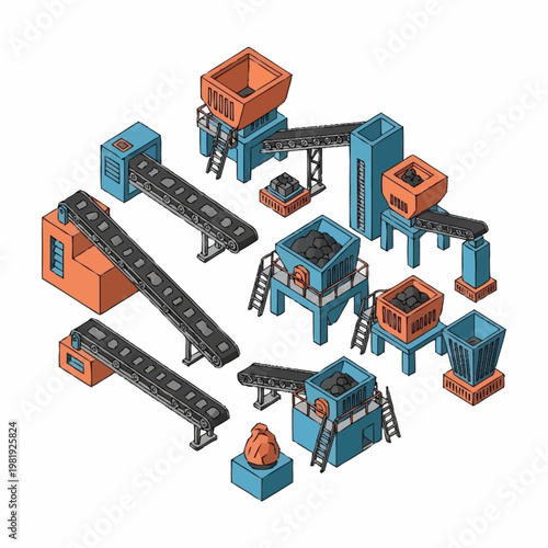 Isometric illustration of a coal processing plant with conveyor belts and hoppers.