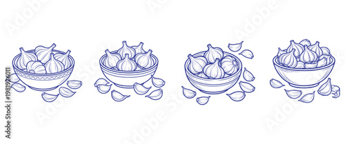 Set of sketch bowls with garlic cloves and bulbs isolated on white backdrop organic seasoning ingredients line drawing.
