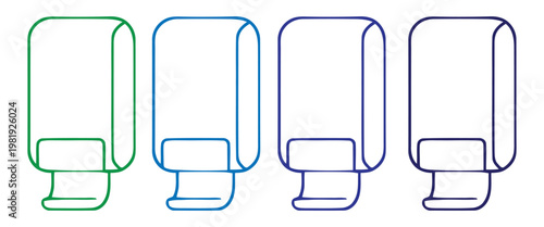 Four outlined hand sanitizer dispensers in different shades of blue and green for public health and hygiene.
