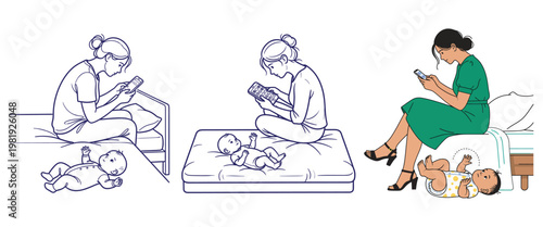 Parents distracted by phones ignoring baby safety issues creating dangerous unattended moments and accidents risk.