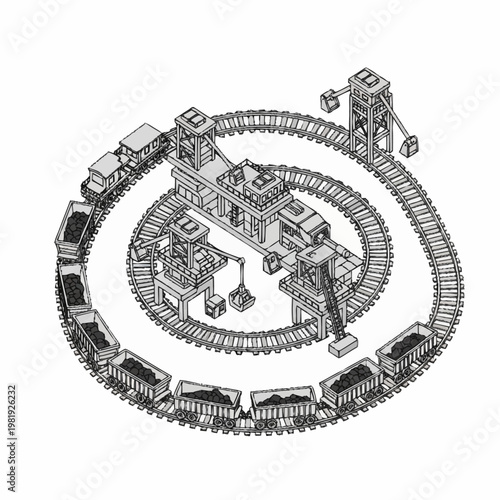 Industrial coal mining operation with train and loading equipment in a circular layout.
