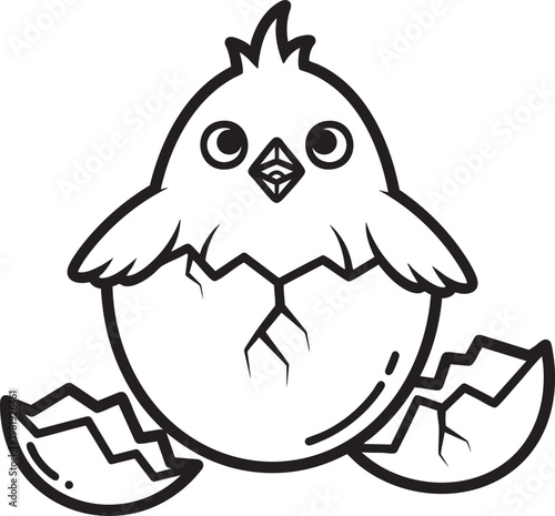 Cute chick hatching from eggshell outline illustration with monochrome, isolated