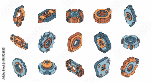 Collection of isometric industrial machine parts and components, gears, and mechanical elements in blue and orange colors.