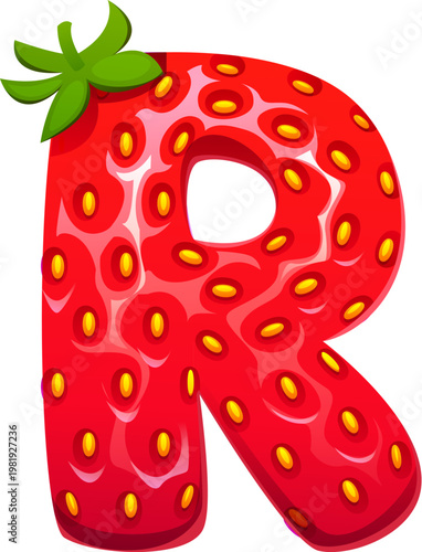 Cartoon strawberry, ripe red berry kids ABC font, typeface letter R. Forest berry typeset sign, garden plant English alphabet vector letter. Ripe strawberry type font symbol