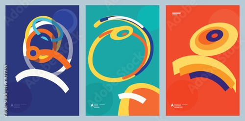 Abstract geometric poster set with colorful orbital rings and circular motion shapes
