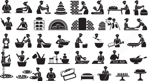 A collection of black and white illustrations depicting various scenes of people baking isolated on white background