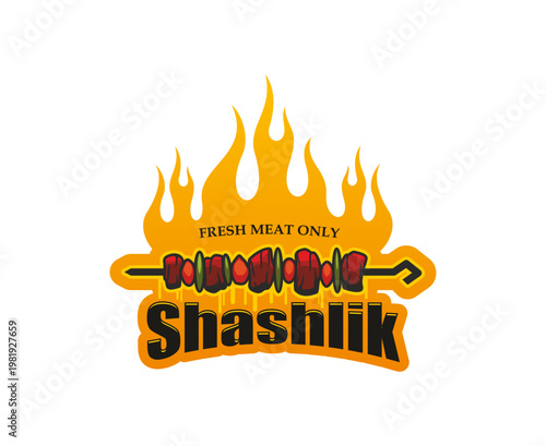 Shashlik BBQ food cafe icon or restaurant emblem. Skewer kebab icon, roasted barbeque meal vector badge. Grill BBQ restaurant emblem or grilled shashlik cafe symbol with fire flames and meat on skewer