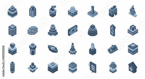 Collection of isometric 3D building icons in blue tones, representing various architectural structures and urban elements.