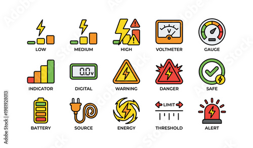 Electrical symbols set featuring gauge, voltmeter, warning signs, and energy icons
