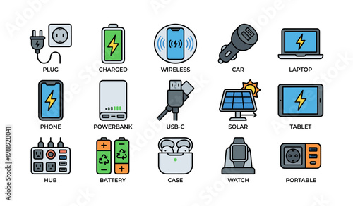 Set of electronic device icons including chargers, plugs, and gadgets