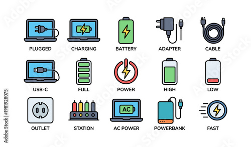 Charging icons set: usb-c, battery, adapter, powerbank, ac power, energy levels