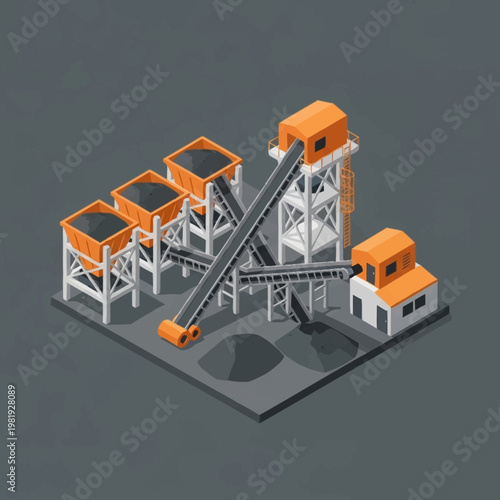 Isometric illustration of an industrial coal processing plant with conveyor belts and storage silos.